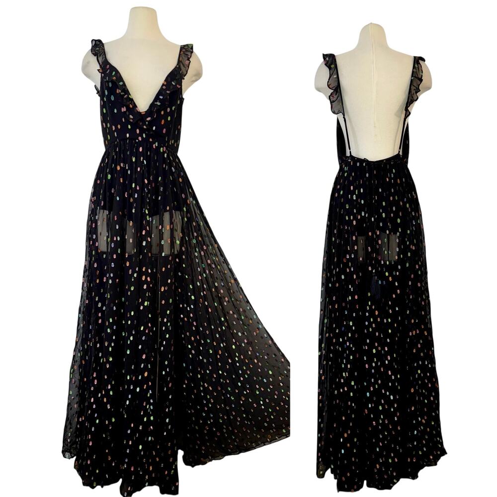 Michael Costello x Revolve Natalie Maxi Dress in Black Rainbow Dots M NWT